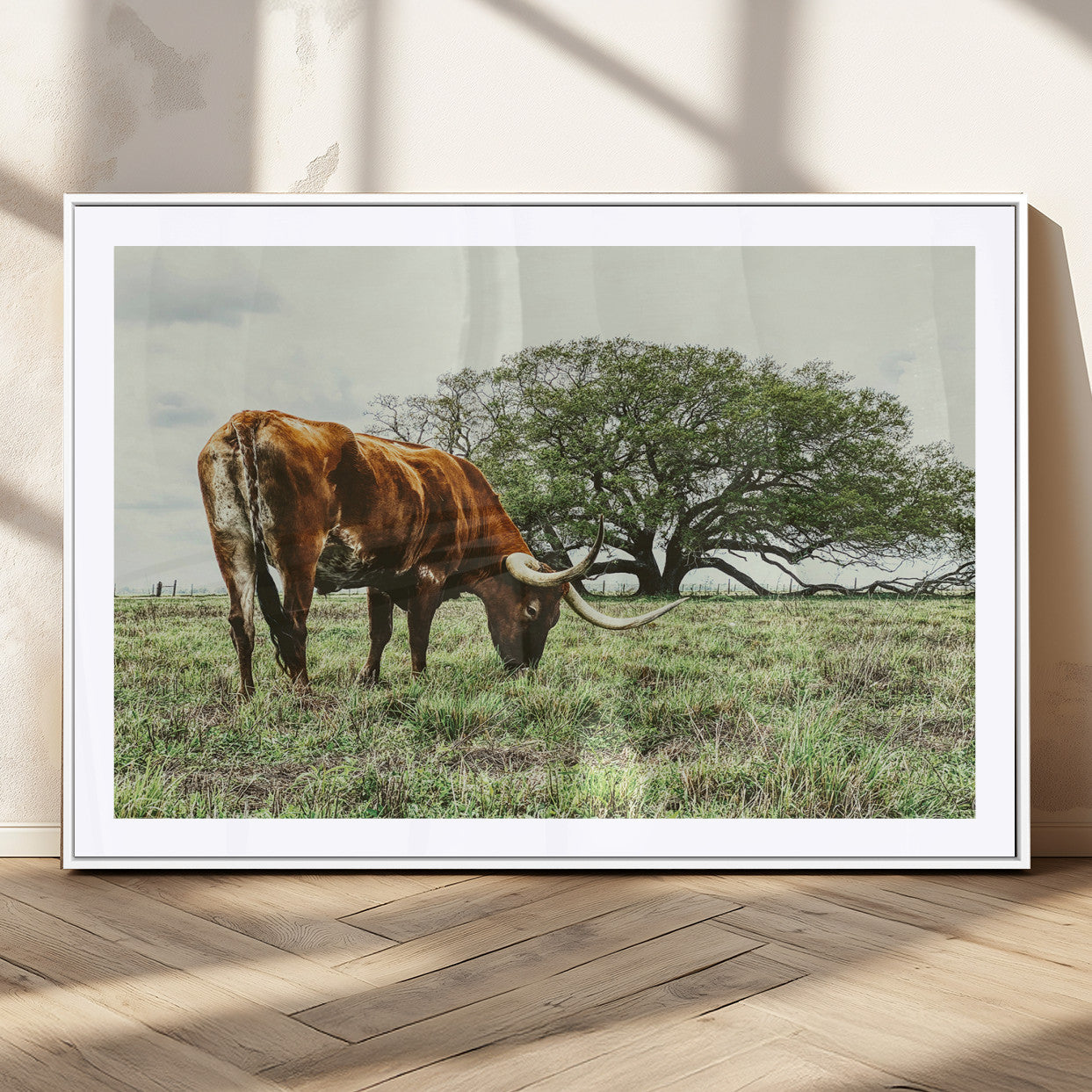 91866234-MGC-FP-36x24_White-Texas Longhorn Wall Art Canvas Print, Framed Rustic Ranch Art Picture Print, Western Cattle Perfect Rustic Farmhouse Decor Artwork