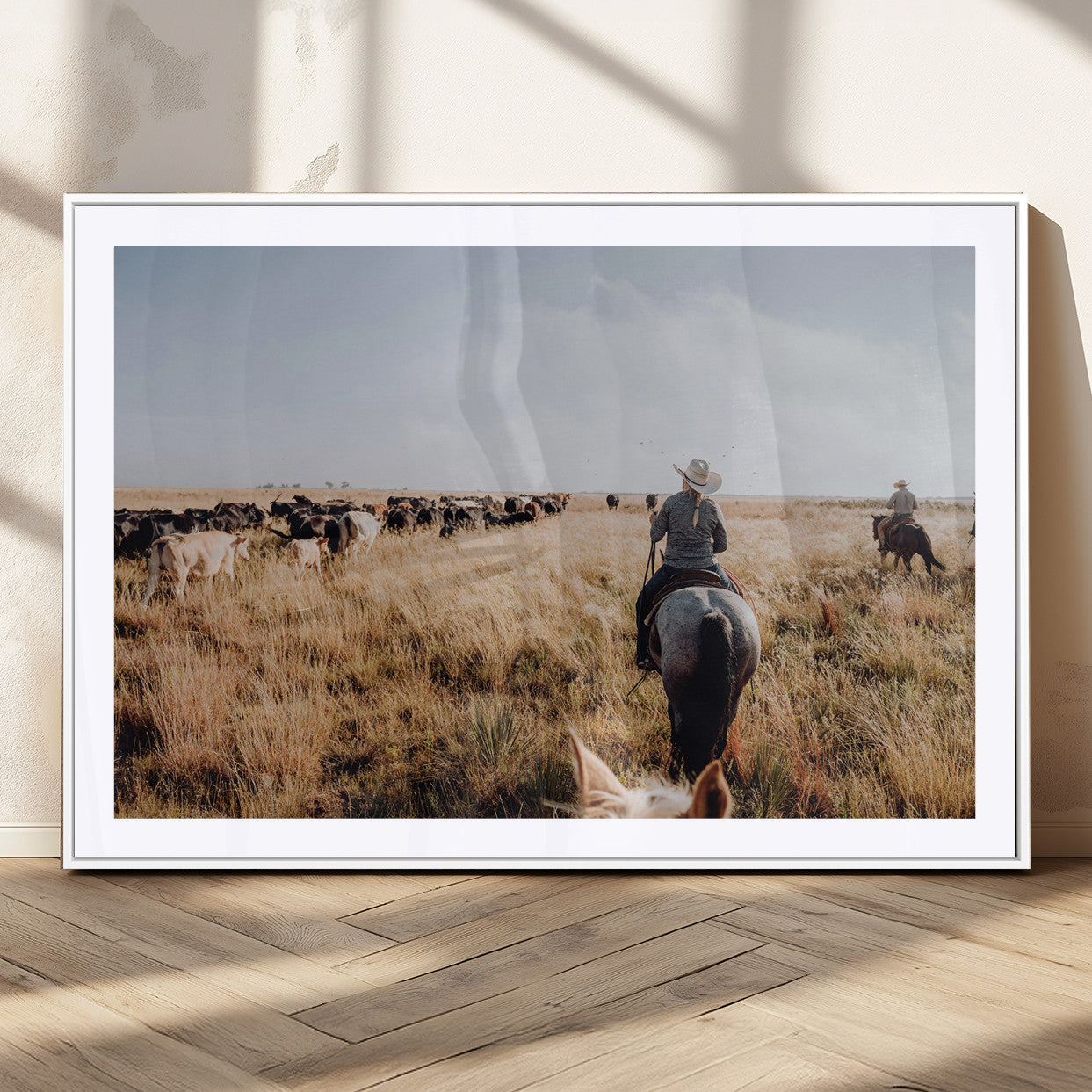 22431577-MGV-CV-36X24-Western Wall Art Wall Art Canvas Print, Framed Cowboy Canvas Art Picture Print, Cattle Drive Scene Perfect Rustic Western Decor