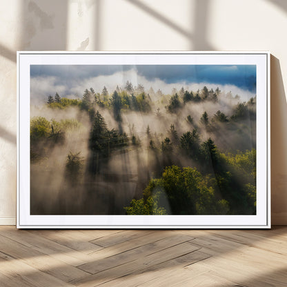 14785710-MGV-CV-36X24-Tranquil Forest Scene Wall Art Canvas Print, Framed Sunbeam Through Trees Art Picture Print, Moody Green Wall Art Perfect