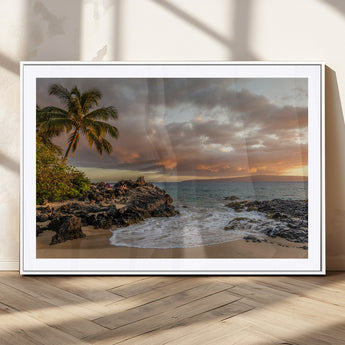 55108220-MGC-FP-36x24_White-Tropical Beach Wall Art Canvas Print, Framed Hawaiian Sunset Art Picture Print, Ocean Waves Perfect Coastal Tropical Decor Artwork