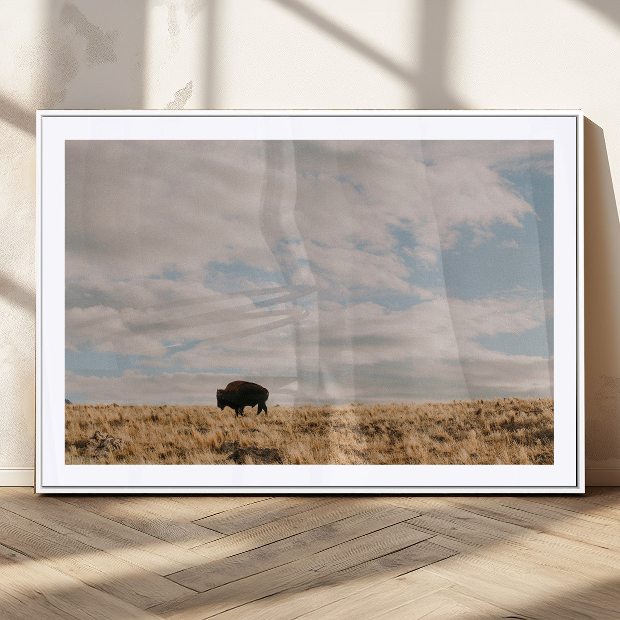 22754563-MGV-CV-36X24-Earthy Tones Wall Art Canvas Print, Framed Rustic Nature Art Picture Print, Solitary Buffalo Perfect Western Minimalist Decor