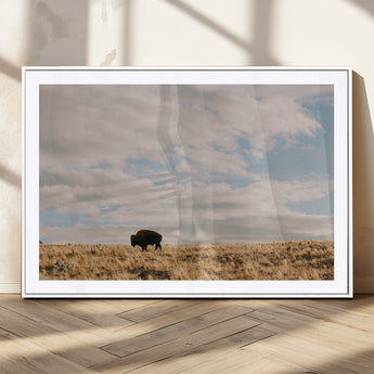 22754563-MGV-CV-36X24-Earthy Tones Wall Art Canvas Print, Framed Rustic Nature Art Picture Print, Solitary Buffalo Perfect Western Minimalist Decor