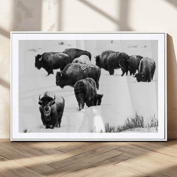 18914414-MGV-CV-36X24-Buffalo Herd Wall Art Canvas Print, Framed Black and White Art Picture Print, Snowy Landscape Perfect Rustic Lodge Decor Decor