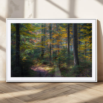 65810864-MGC-FP-36x24_White-Autumn Forest Wall Art Canvas Print, Framed Fall Woodland Art Picture Print, Golden Leaves Perfect Rustic Farmhouse Decor Artwork