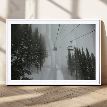 87018452-MGC-FP-36x24_White-Ski Lift Wall Art Canvas Print, Framed Snowy Pines Art Picture Print, Misty Landscape Perfect Winter Serenity Decor Artwork