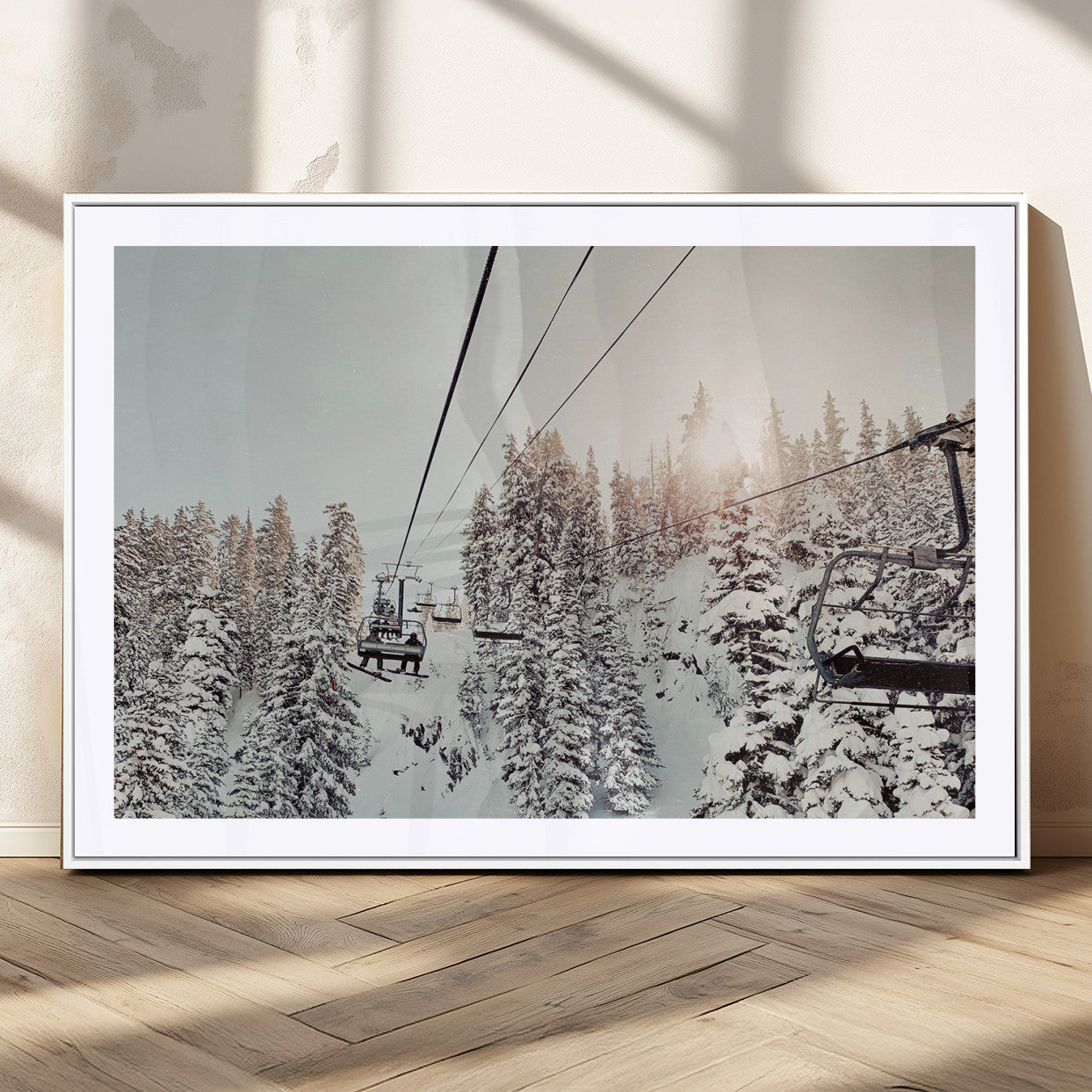 91534512-MGV-CV-36X24-Frosty Pines Wall Art Canvas Print, Framed Cozy Cabin View Art Picture Print, Ski Lift Ride Perfect Rustic Lodge Decor Artwork