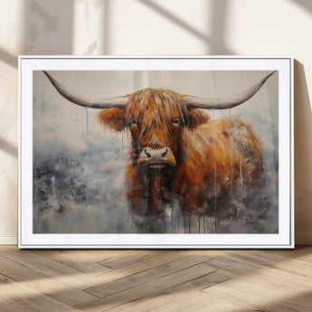 X61001-MGC-FP-36x24_White-Scottish Highland Wall Art Canvas Print, Framed Longhorn Art Picture Print, Western Cow Perfect Farmhouse Decor Artwork
