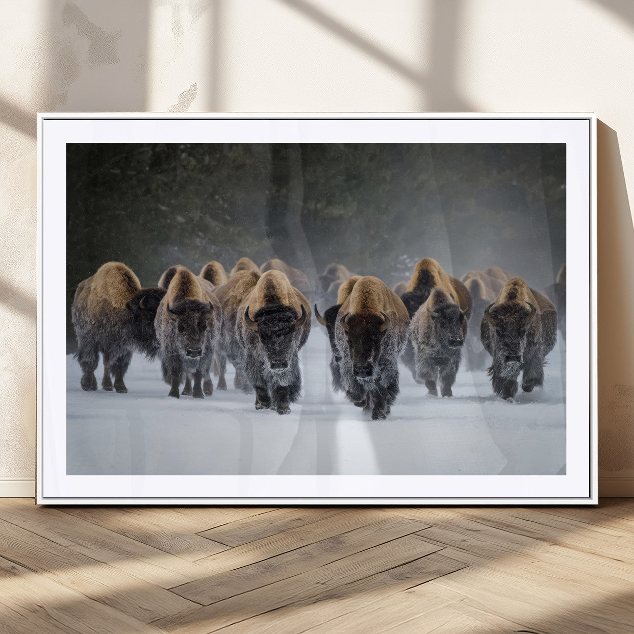 30332489-MGC-FP-36x24_White-Winter Bison Herd Wall Art – Powerful Buffalo Canvas Print, Rustic Wildlife Photography Decor for Farmhouse, Cabin, Lodge, Living
