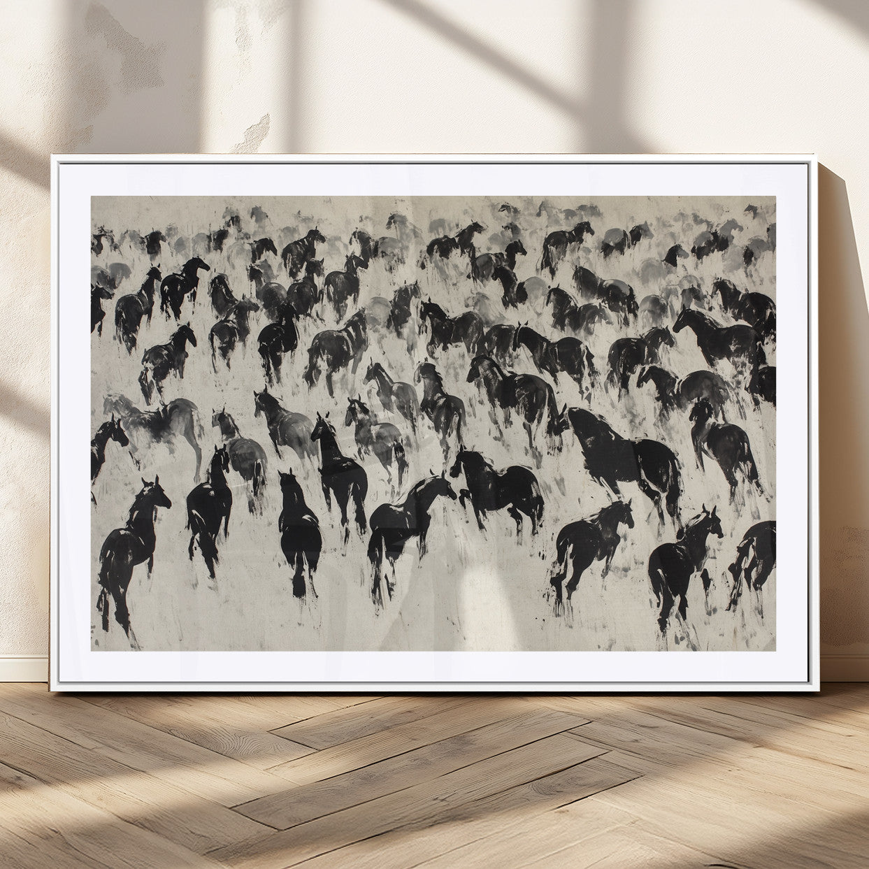 29265745-MGV-CV-36X24-Wild Horse Herd Wall Art – Black and White Galloping Horses Canvas Print, Rustic Western Farmhouse Décor for Living Room, Bedroom,