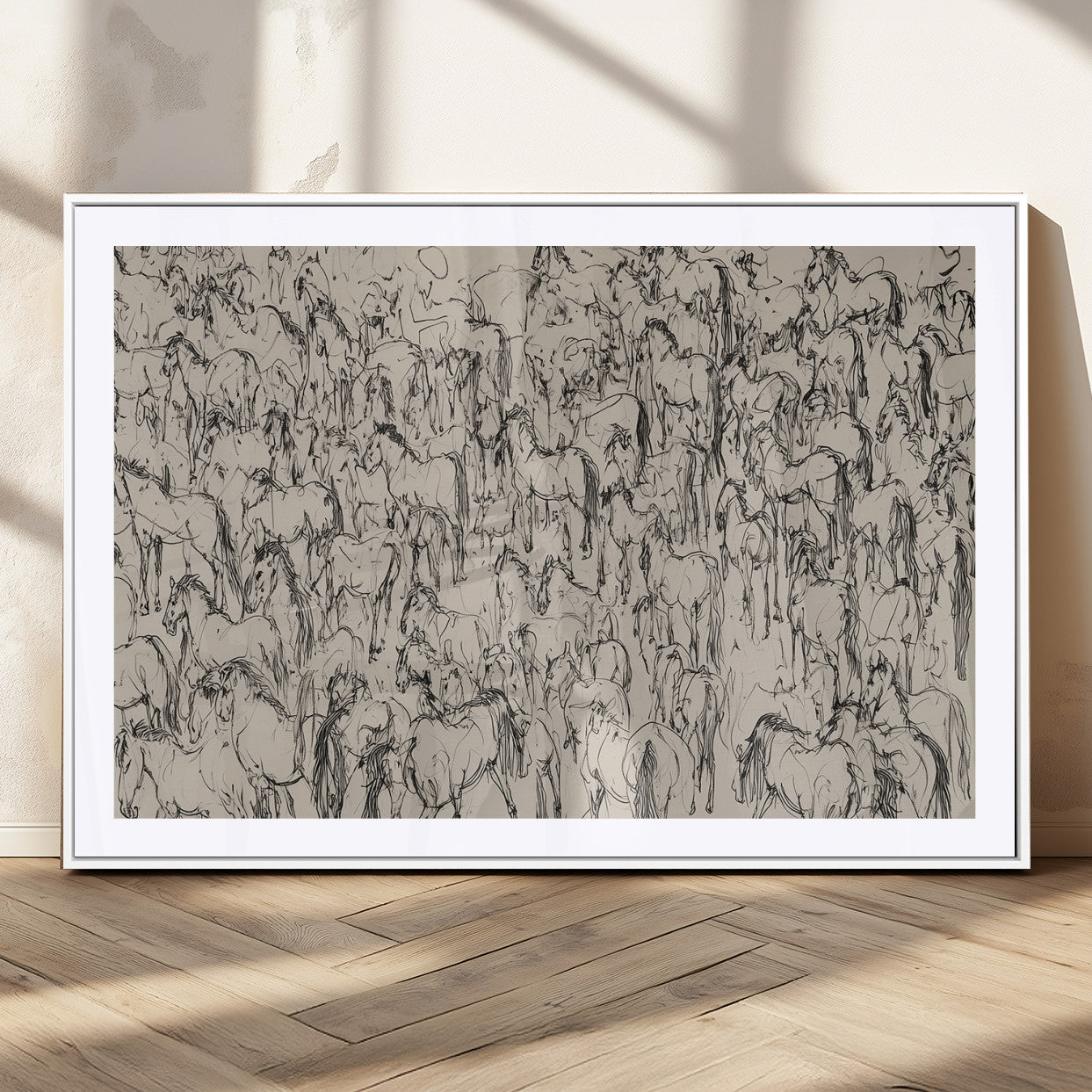12358908-MGC-FP-36x24_White-Horse Herd Sketch Wall Art – Abstract Wild Horses Line Drawing Canvas Print, Rustic Western Style Equestrian Decor for Living