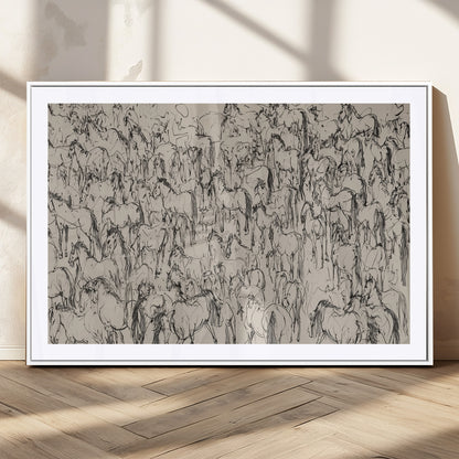 12358908-MGC-FP-36x24_White-Horse Herd Sketch Wall Art – Abstract Wild Horses Line Drawing Canvas Print, Rustic Western Style Equestrian Decor for Living