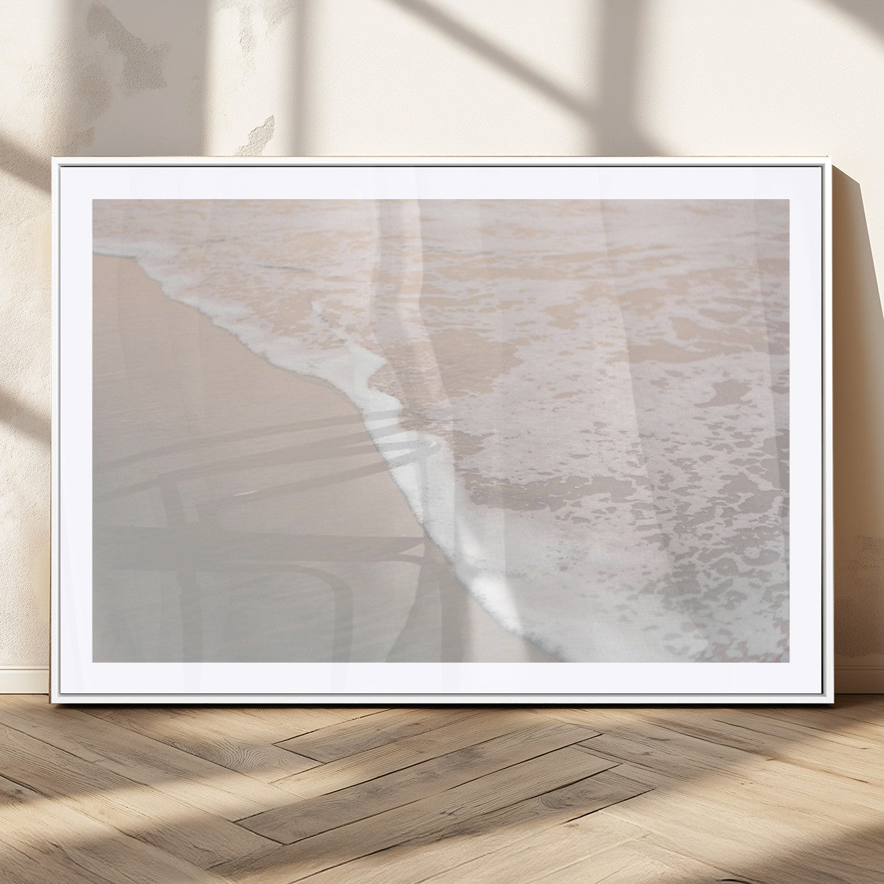 28414510-MGC-FP-36x24_White-Ocean Shoreline Wall Art – Minimal Coastal Beach Canvas Print, Soft Sea Foam and Sand Photography Artwork, Relaxing Nautical Decor