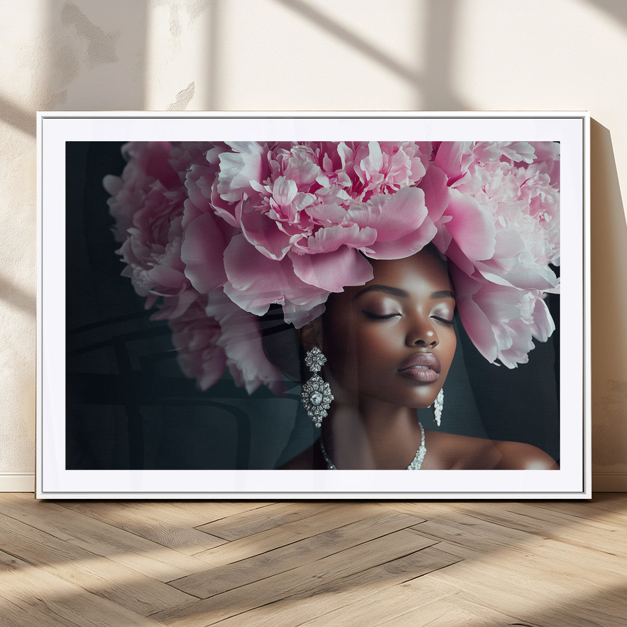 35482880-MGC-FP-36x24_White-Floral Portrait Wall Art – Elegant Woman with Pink Peony Headpiece Canvas Print, Luxury Fashion Inspired Artwork, Modern Glam