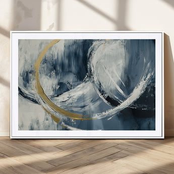 97295757-MGV-CV-36X24-Abstract Blue and Gold Wall Art – Modern Luxury Canvas Print, Navy White Brushstroke Painting, Contemporary Living Room Office
