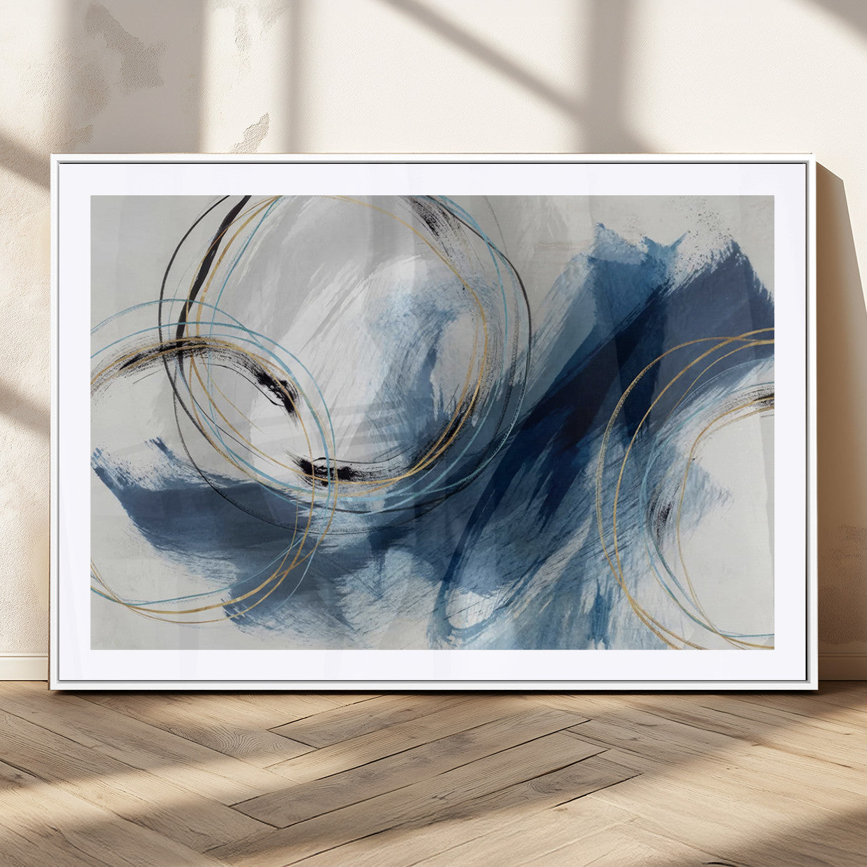 49589477-MGV-CV-36X24-Blue Abstract Wall Art – Modern Circle Canvas Print with Gold and Black Accents, Contemporary Fluid Brushstroke Painting for