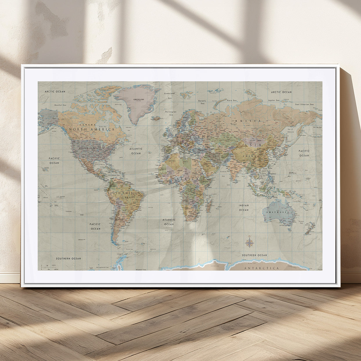 41929777-MGV-CV-36X24-World Map Wall Art – Large Detailed Political Atlas Style Map Print with Countries, Cities, and Oceans, Warm Earth Tone