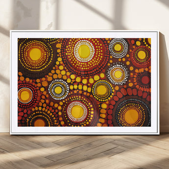 81120549-MGC-FP-36x24_White-Abstract Dot Painting Wall Art – Vibrant Tribal Boho Style Canvas Print with Sunburst Mandala Circles in Warm Red, Yellow, Orange
