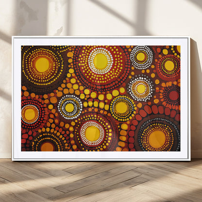 81120549-MGC-FP-36x24_White-Abstract Dot Painting Wall Art – Vibrant Tribal Boho Style Canvas Print with Sunburst Mandala Circles in Warm Red, Yellow, Orange