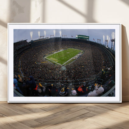 14387817-MGC-FP-36x24_White-Lambeau Field Stadium Wall Art – Green Bay Packers Game Day Canvas Print with Fireworks and Crowd – NFL Football Fan Man Cave