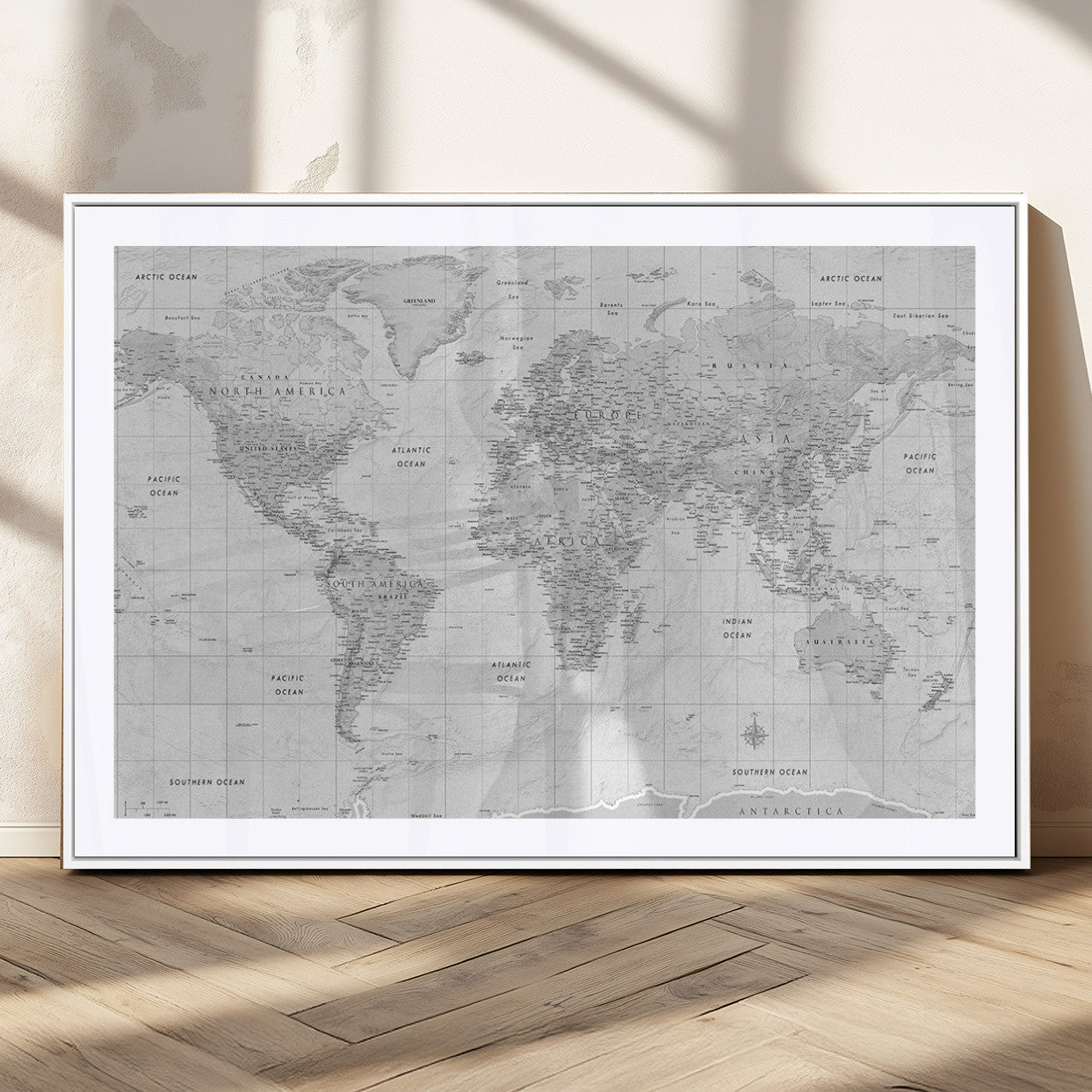 10516725-MGC-FP-36x24_White-Black and White World Map Wall Art – Minimalist Grayscale Canvas Print – Modern Detailed Travel Map Poster for Home, Office, or
