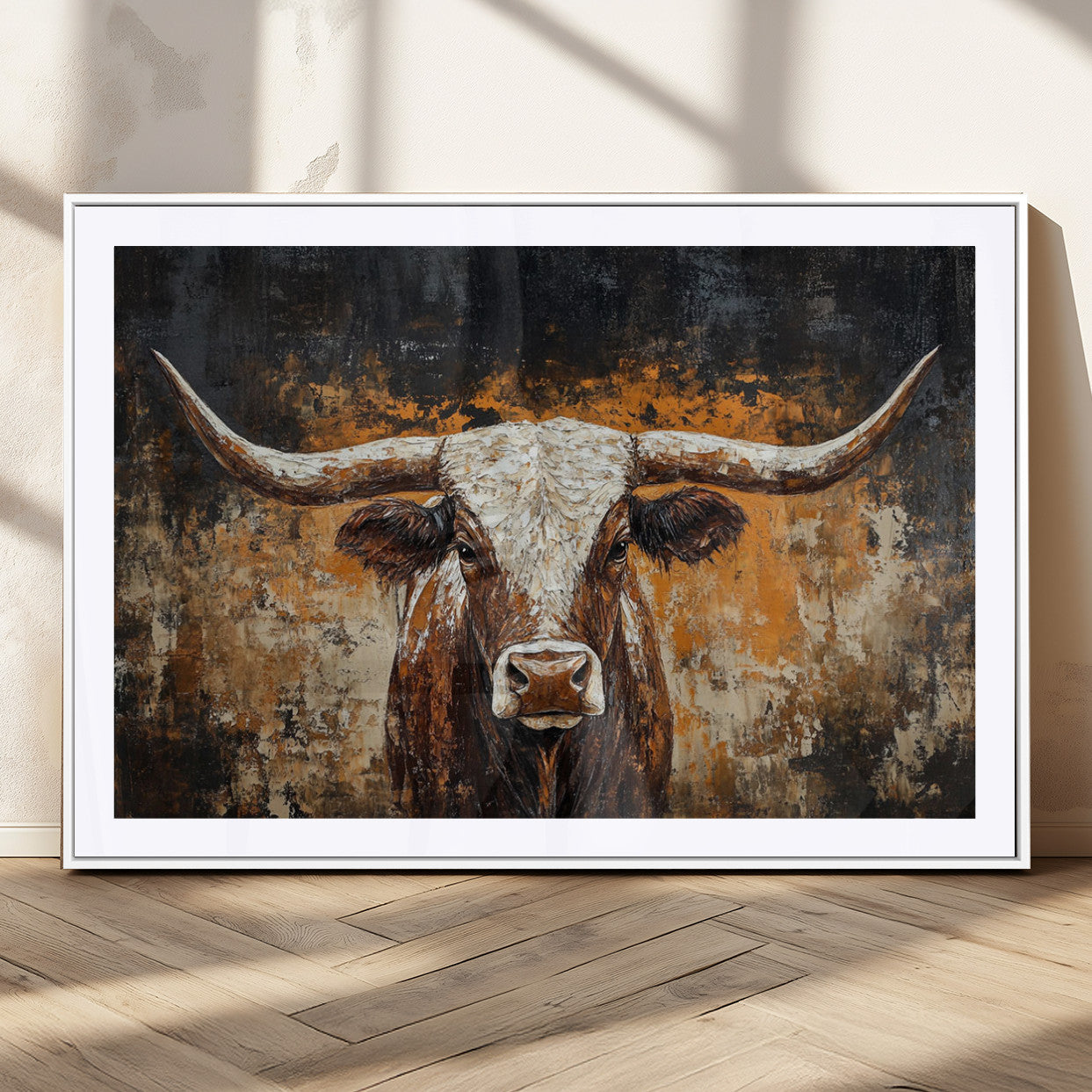 25265572-MGV-CV-36X24-Longhorn Bull Wall Art – Rustic Western Texas Steer Canvas Print, Textured Animal Painting for Home, Office, Man Cave or Farmhouse