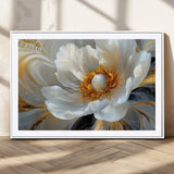 39604126-MGC-FP-36x24_White-Abstract Flower Wall Art – Elegant White and Gold Bloom Canvas Print, Modern Floral Artwork for Bedroom, Living Room, or Office