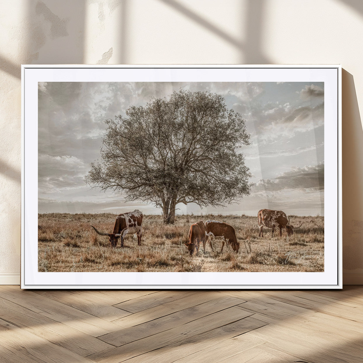 87590224-MGC-FP-36x24_White-Longhorn Cattle Wall Art – Rustic Western Landscape Canvas Print, Texas Farmhouse Prairie Scene for Living Room, Office, or Ranch
