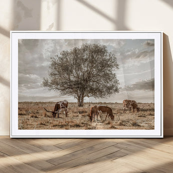 87590224-MGC-FP-36x24_White-Longhorn Cattle Wall Art – Rustic Western Landscape Canvas Print, Texas Farmhouse Prairie Scene for Living Room, Office, or Ranch