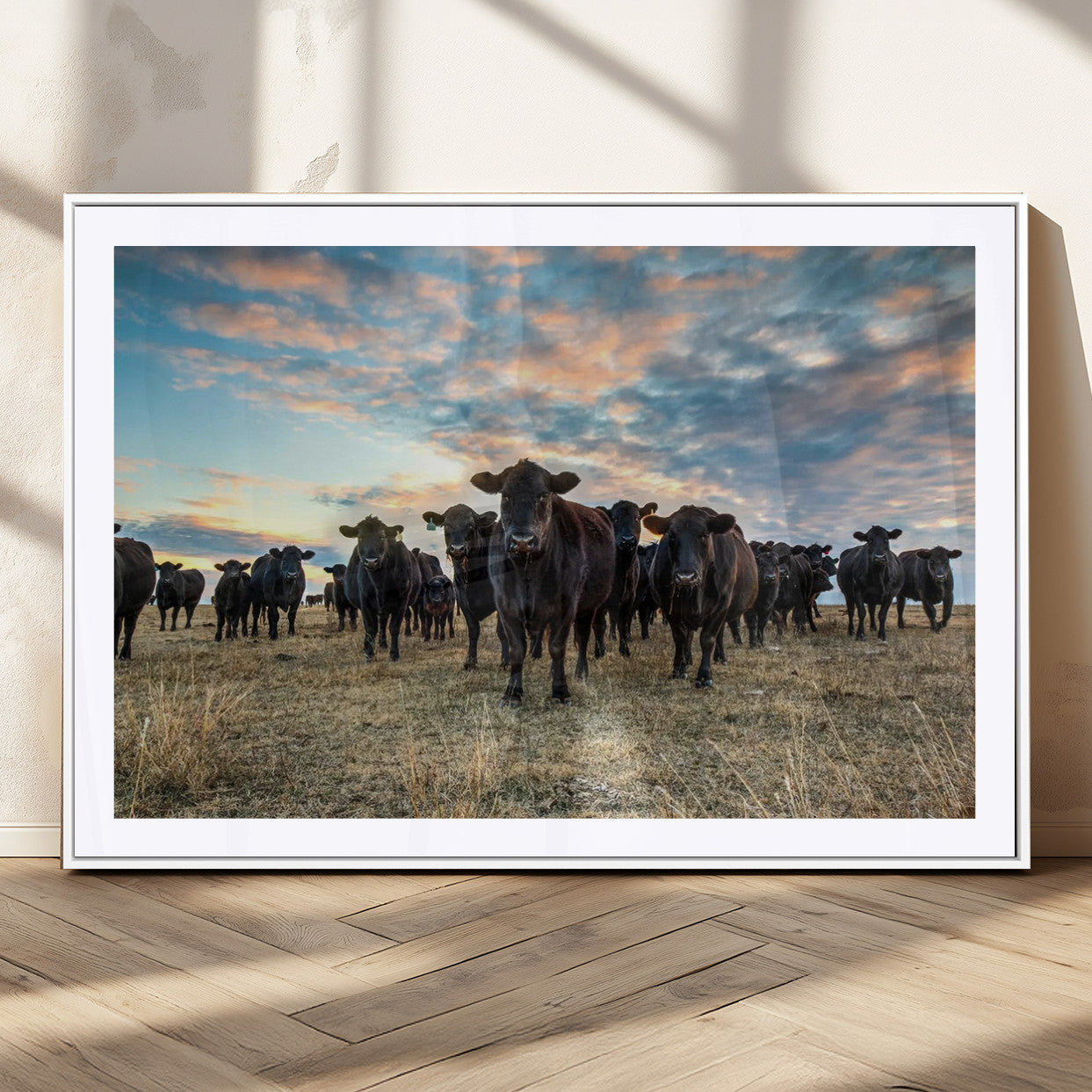 13867292-MGC-FP-36x24_White-Black Cattle Wall Art – Rustic Ranch Herd Canvas Print, Western Farmhouse Country Landscape Decor for Living Room, Office, or