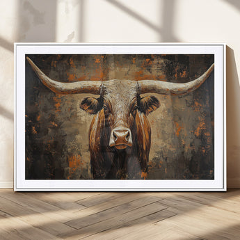 19204445-MGC-FP-36x24_White-Texas Longhorn Bull Wall Art – Rustic Western Canvas Print, Bold Cowboy Cattle Painting for Ranch House, Farmhouse, Office, or