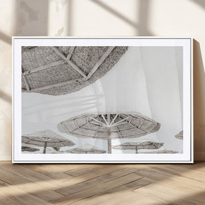 97043123-MGC-FP-36x24_White-Beach Umbrella Wall Art – Minimalist Coastal Canvas Print, Woven Parasol Summer Decor for Bedroom, Living Room, or Modern Beach