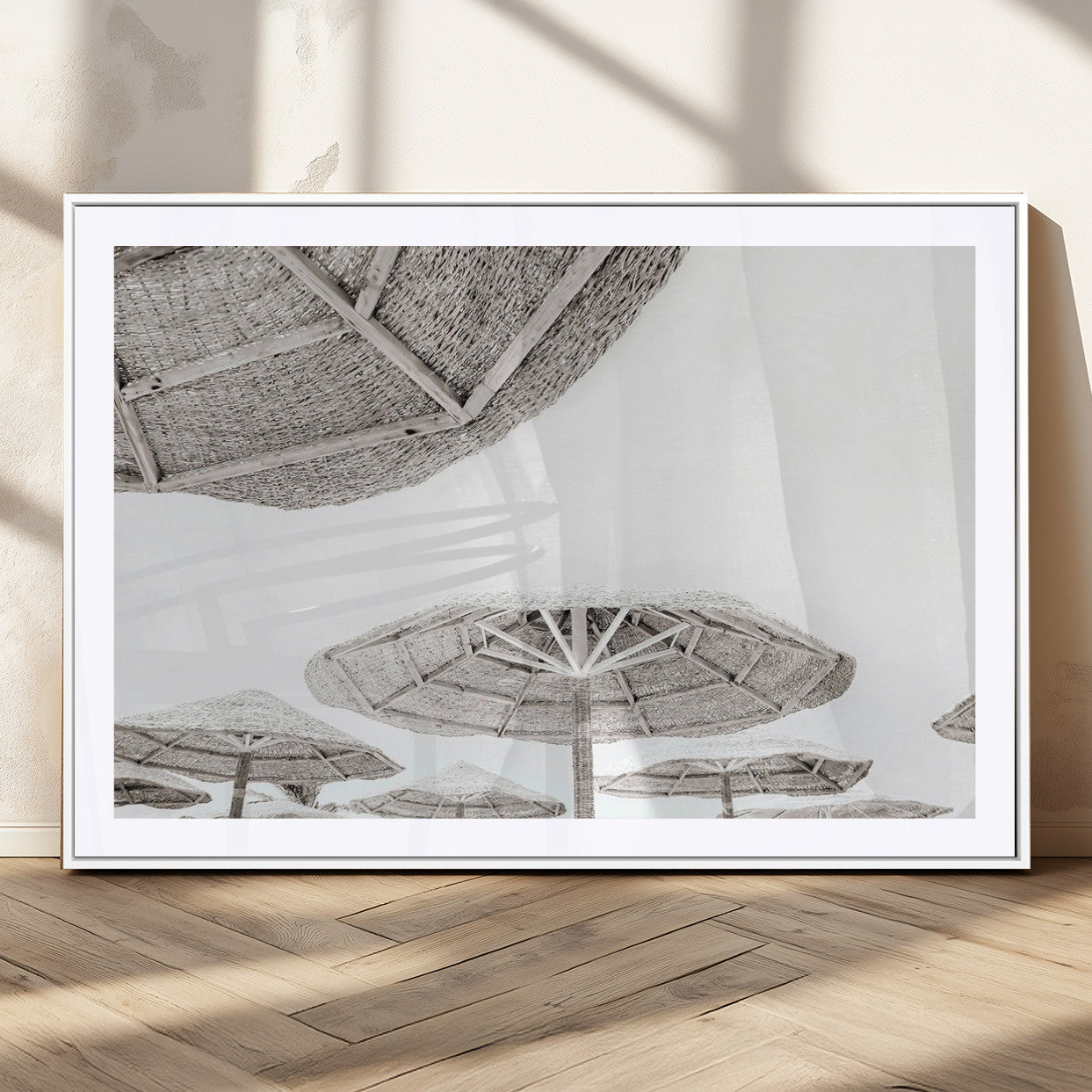 97043123-MGC-FP-36x24_White-Beach Umbrella Wall Art – Minimalist Coastal Canvas Print, Woven Parasol Summer Decor for Bedroom, Living Room, or Modern Beach