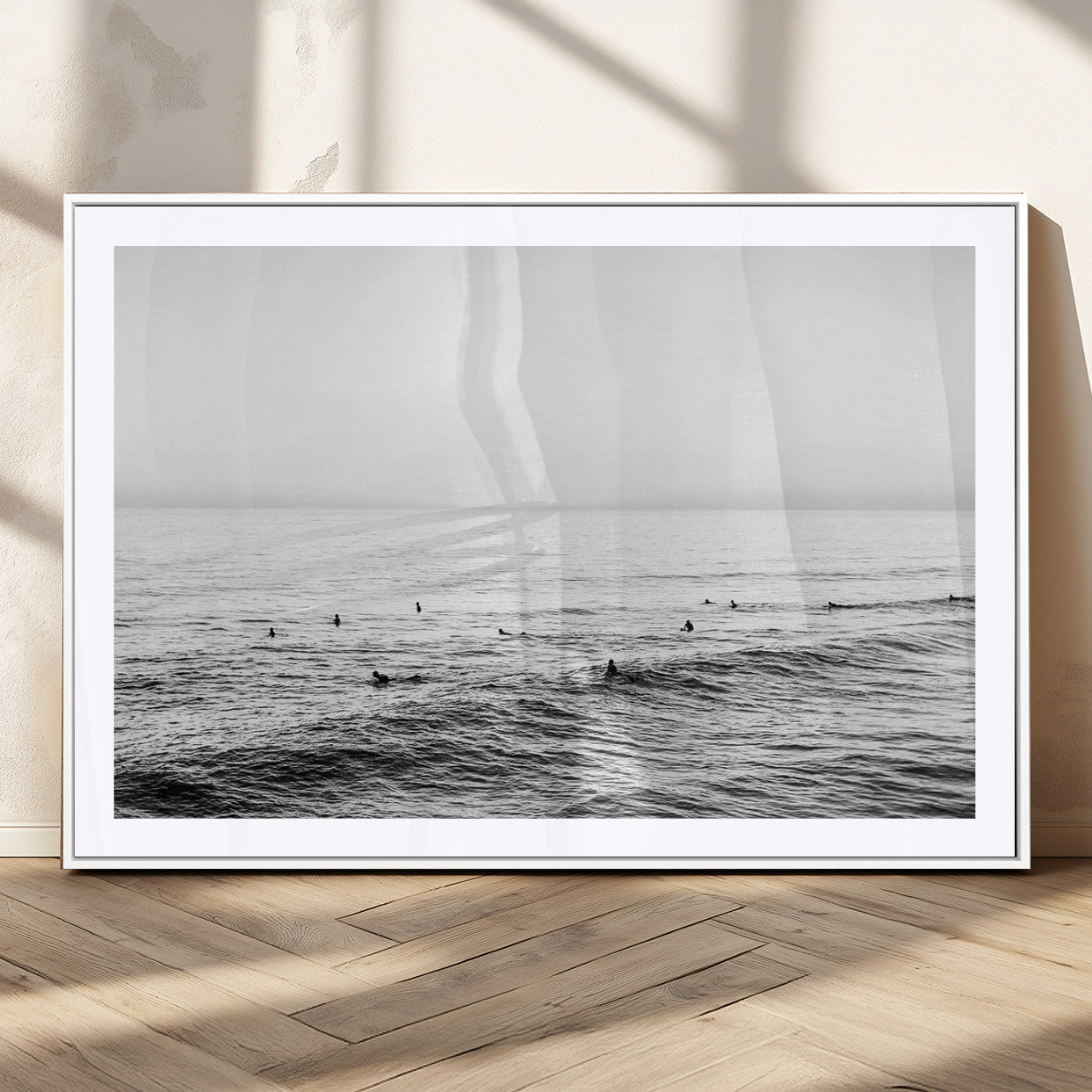 47208268-MGC-FP-36x24_White-Surfer Ocean Wall Art – Black and White Coastal Canvas Print, Minimalist Surfing Seascape Decor for Living Room, Bedroom, or Beach