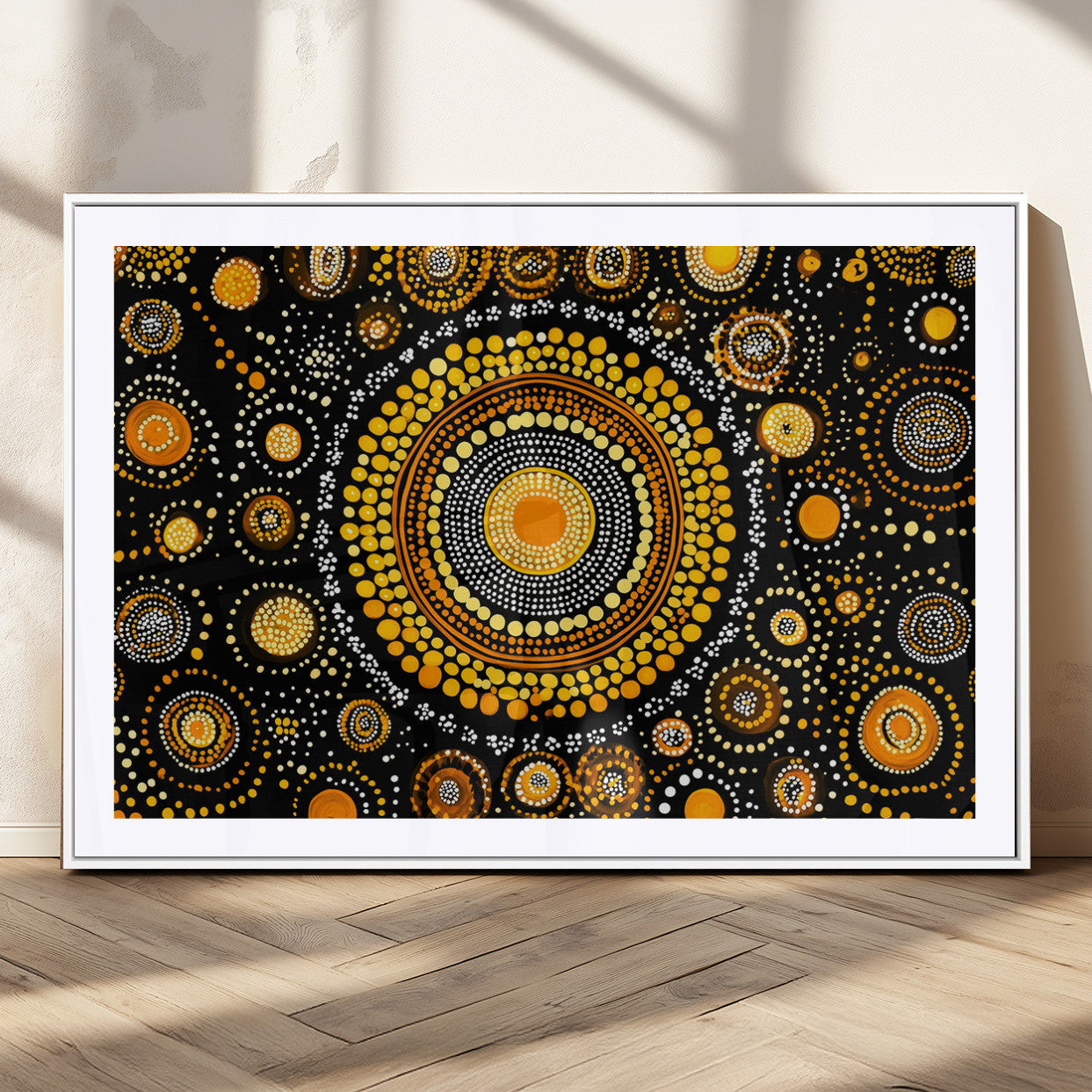 45478523-MGC-FP-36x24_White-Abstract Circle Wall Art – Bold Black and Gold Dot Painting Canvas Print, Modern Geometric Mandala Style Decor for Living Room or
