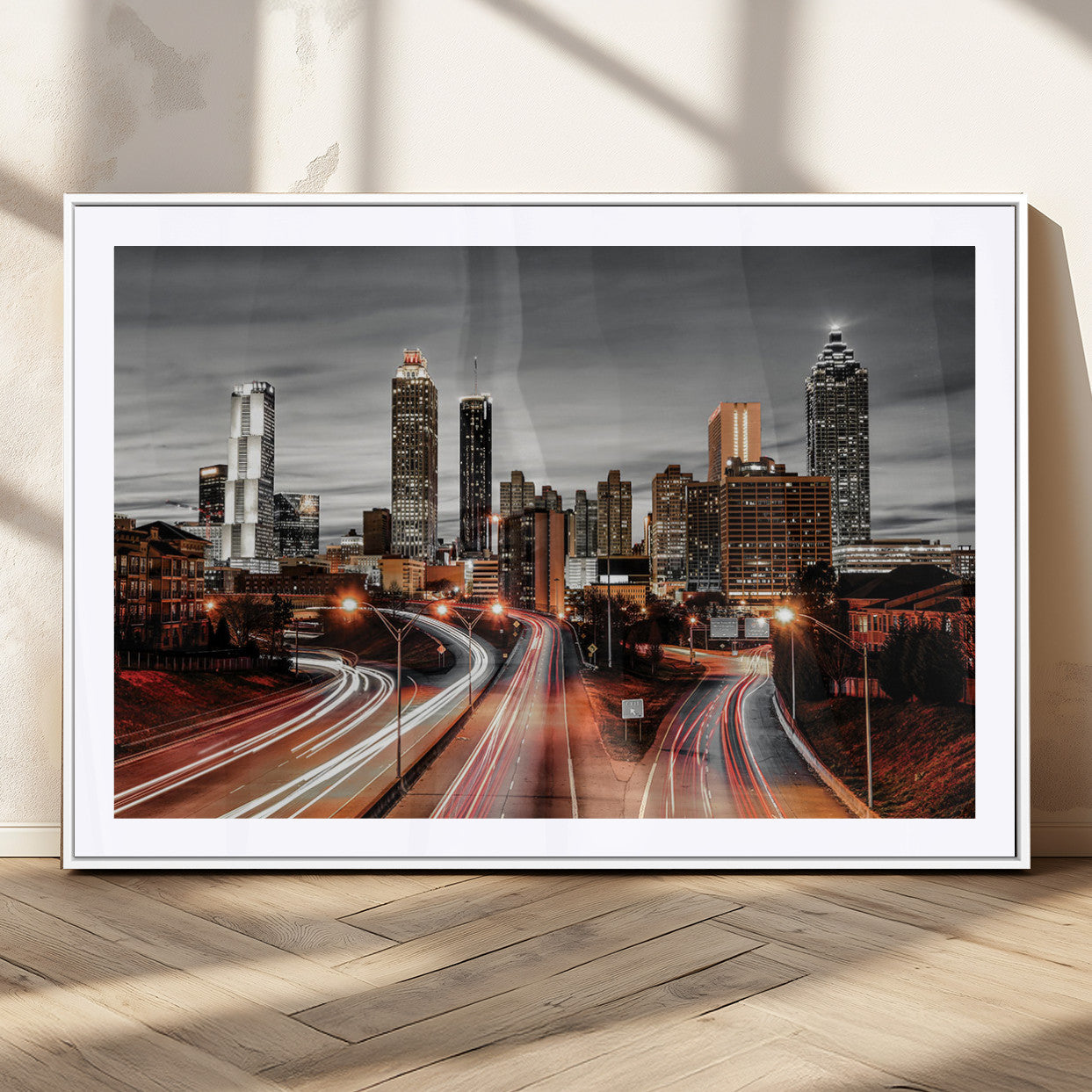 59097239-MGC-FP-36x24_White-City Skyline Wall Art – Modern Black and White Night Canvas Print with Red Light Trails, Urban Landscape Decor for Living Room or