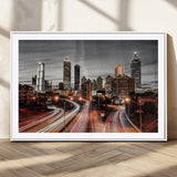 59097239-MGC-FP-36x24_White-City Skyline Wall Art – Modern Black and White Night Canvas Print with Red Light Trails, Urban Landscape Decor for Living Room or