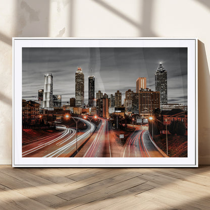 59097239-MGC-FP-36x24_White-City Skyline Wall Art – Modern Black and White Night Canvas Print with Red Light Trails, Urban Landscape Decor for Living Room or