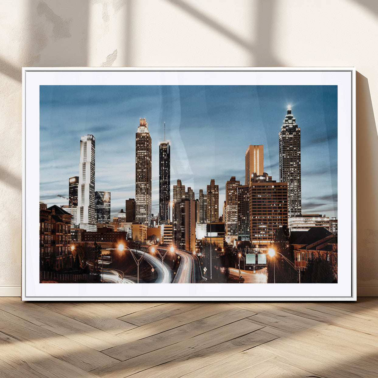 23859158-MGC-FP-36x24_White-Atlanta Skyline Wall Art – Modern Cityscape Canvas Print with Night Lights and Traffic Trails, Urban Decor for Office, Apartment,