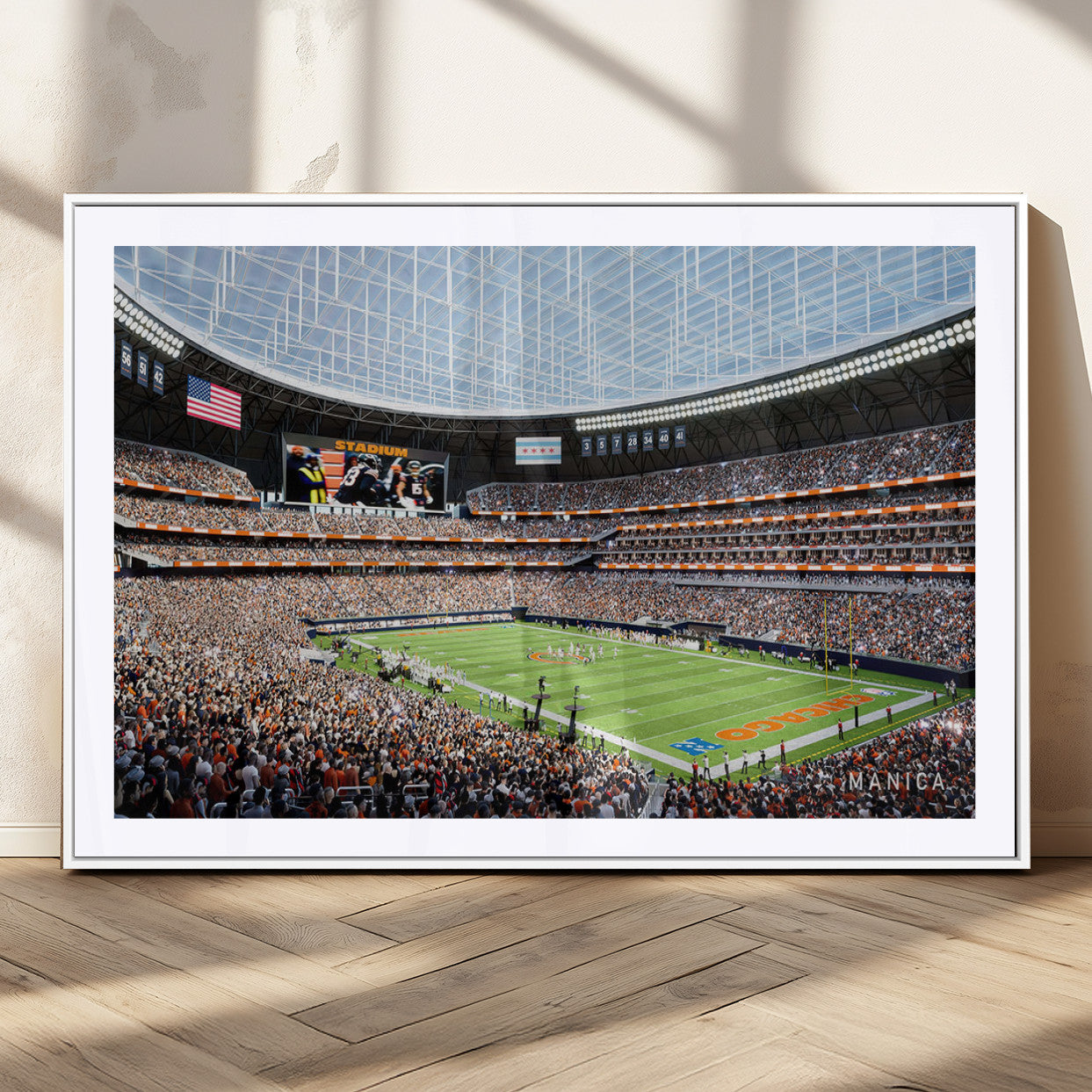 32530647-MGC-FP-36x24_White-Chicago Bears Stadium Wall Art – Futuristic Dome Arena Canvas Print, Modern Football Concept Design Decor for Man Cave, Bar, or