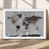 43749658-MGV-CV-36X24-Welcome to Great Adventure World Map Wall Art – Charcoal Gray Canvas Print, Rustic Travel Decor for Living Room, Study, Office or