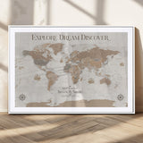 63516865-MGC-FP-36x24_White-Explore Dream Discover World Map Wall Art – Inspirational Travel Adventure Canvas Print, Neutral Parchment Style Explorer Decor