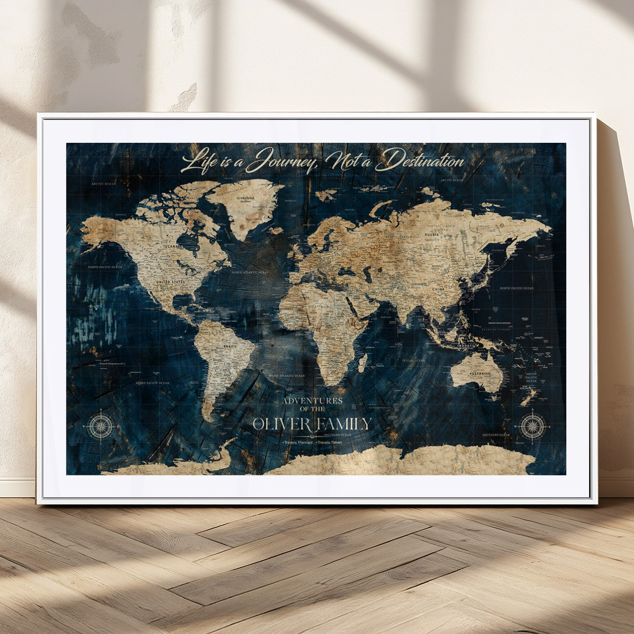 36970886-MGC-FP-36x24_White-Life is a Journey Not a Destination World Map Rustic Navy Beige Vintage Travel Wall Art Adventure Quote Canvas Print for Home