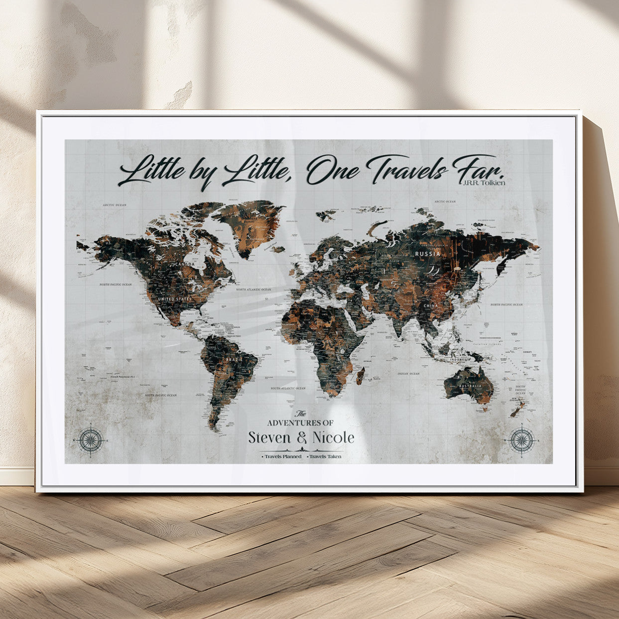 88337180-MGV-CV-36X24-Little by Little One Travels Far Tolkien Quote World Map Rustic Black Brown Adventure Wall Art Canvas Print for Home Office Living