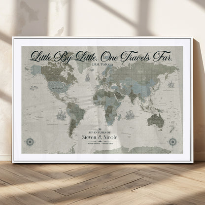 10693204-MGC-FP-36x24_White-Little By Little One Travels Far Tolkien Quote Blue Green World Map Adventure Wall Art Canvas Print Rustic Wanderlust Travel Decor