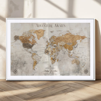 99422096-MGC-FP-36x24_White-Adventure Awaits World Map Wall Art – Neutral Beige Canvas Print, Modern Travel Inspired Wall Decor for Living Room, Bedroom or