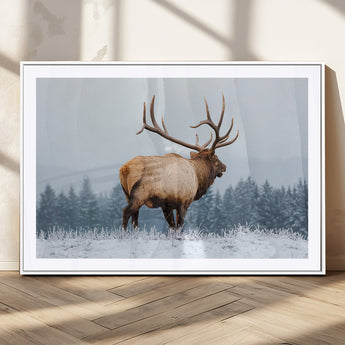 85177251-MGC-FP-36x24_White-Elk Wall Art – Majestic Wildlife Canvas Print of Bull Elk Snowy Forest, Rustic Nature Decor for Living Room, Cabin, or Office