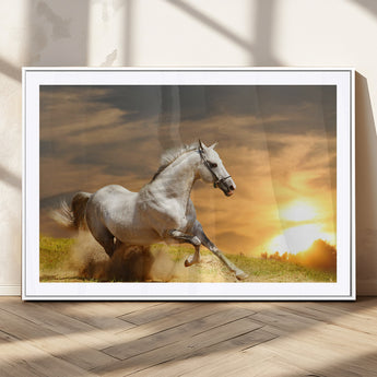 44295212-MGC-FP-36x24_White-Horse Wall Art – Running White Stallion Canvas Print with Sunset Background, Western Wildlife Decor for Living Room, Office, or