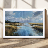 87082041-MGV-CV-36X24-Painted Marshland Canvas Wall Art – Serene Water Reflection, Blue Sky, Golden Grass Landscape, Calm Nature Decor for Home, Office,