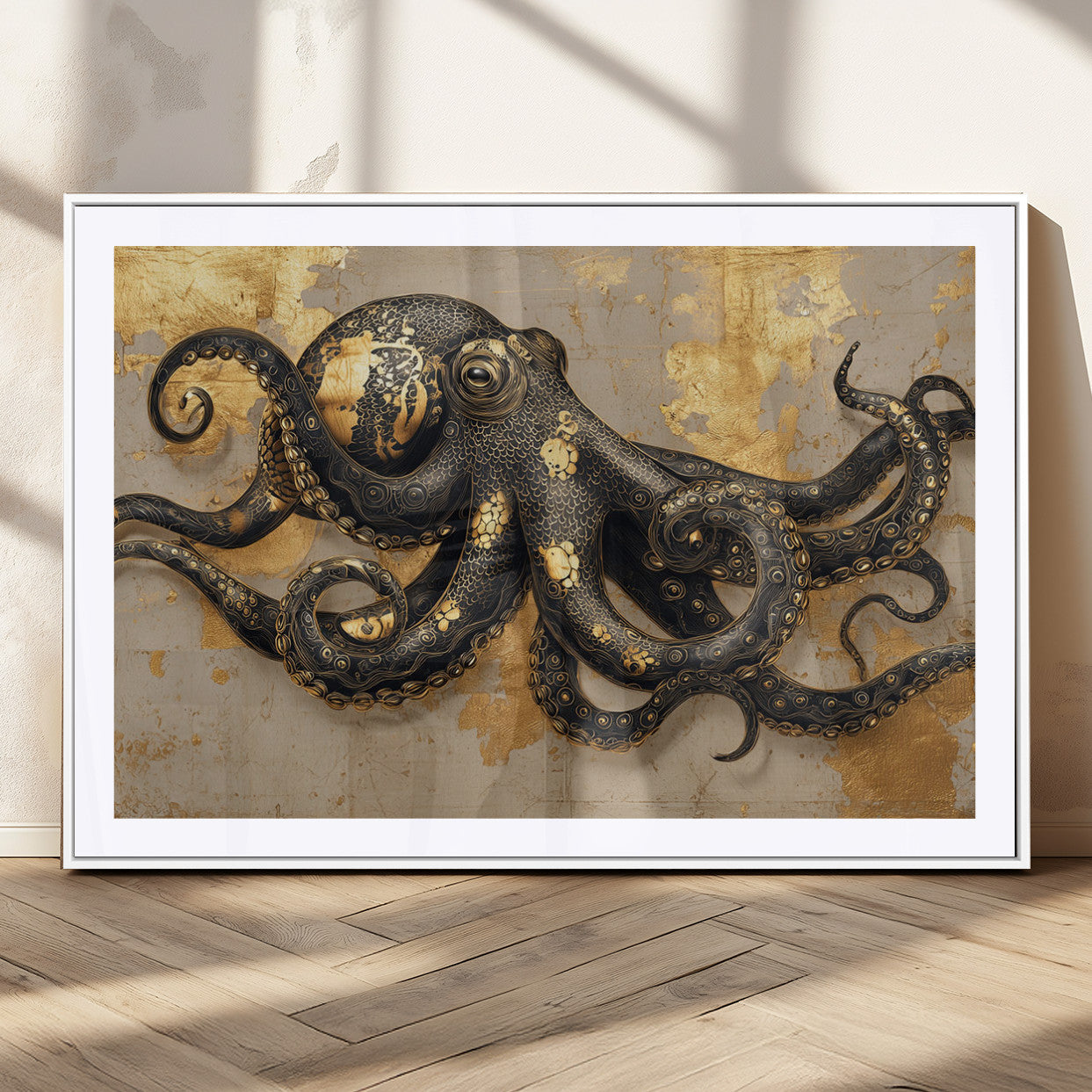 57944271-MGV-CV-36X24-Octopus Wall Art – Black and Gold Nautical Canvas Print, Modern Ocean Inspired Artwork with Elegant Detailing, Coastal Marine