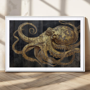 47056538-MGC-FP-36x24_White-Octopus Wall Art – Gold Nautical Canvas Print with Rustic Wood Texture, Marine Creature Artwork for Coastal Ocean Decoration in